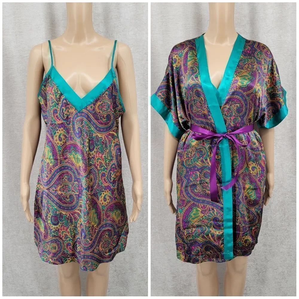 Feather Bed Vintage 90s Vibrant Paisley Satin Slip Dress and Robe Purple Teal
